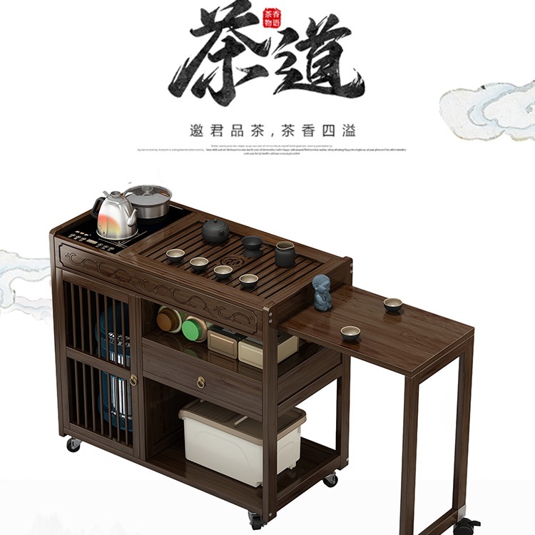 Mobile Tea Table for Home Use, Small Tea Table, Solid Wood Extendable Tea Cart, Tea Table with Kettle, Integrated Tea Cabinet, Tea Set Tray Set