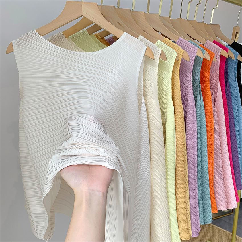 三宅流プリーツトップス レディース イレギュラーTシャツ ラウンドネック ノースリーブ ニッチ 快適 カジュアル ファッション 多用途