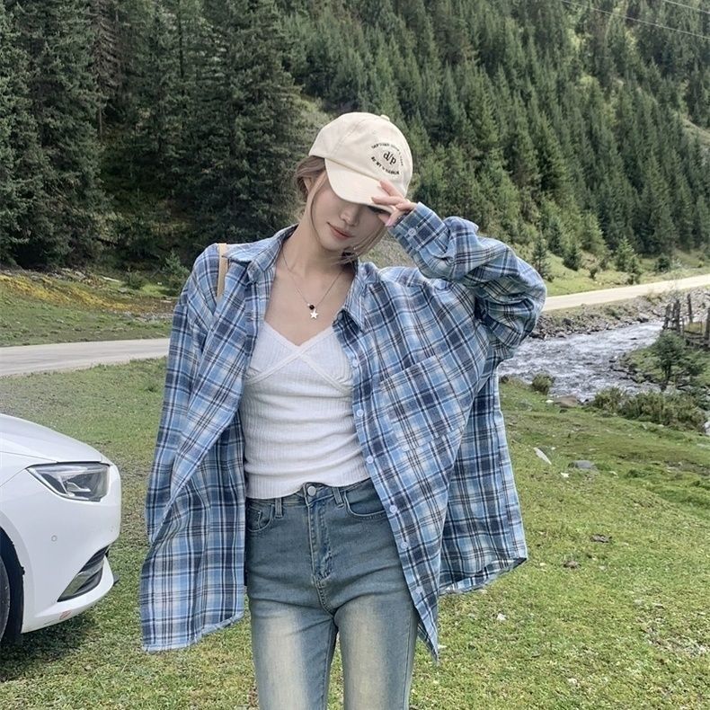 Women's Vintage Plaid Shirt Jacket for Spring and Autumn, Sun-Protective, Loose-Fit Casual Long-Sleeve Top, Wholesale Loose-Fit Style