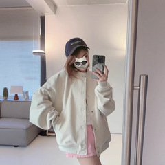 alo欧美秋冬棒球服外套女休闲长袖软质扣前扣罗纹袖口夹克呢子