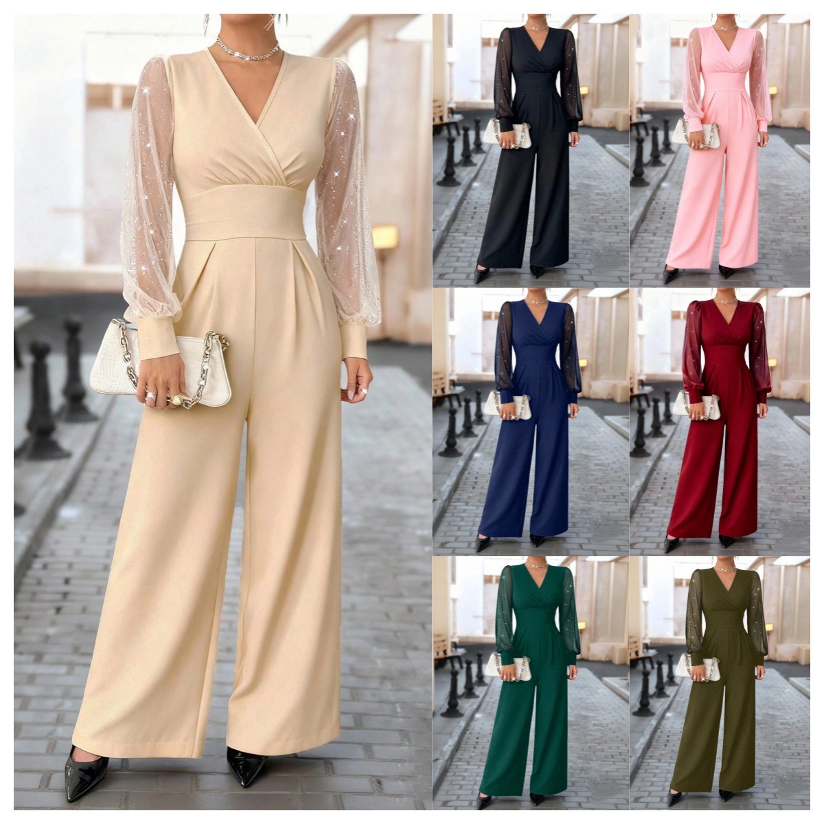 European and American Clothing 2025 Amazon Aliexpress Hot Selling V Neck Waist Sexy Mesh Splicing Straight Jumpsuit for Women