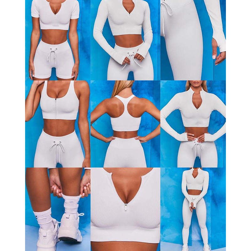 Nueva elevación de la cadera de punto estiramiento fitness deportes traje de cinco piezas Traje de ropa de yoga sin costura transfronteriza Otoño e Invierno de las mujeres