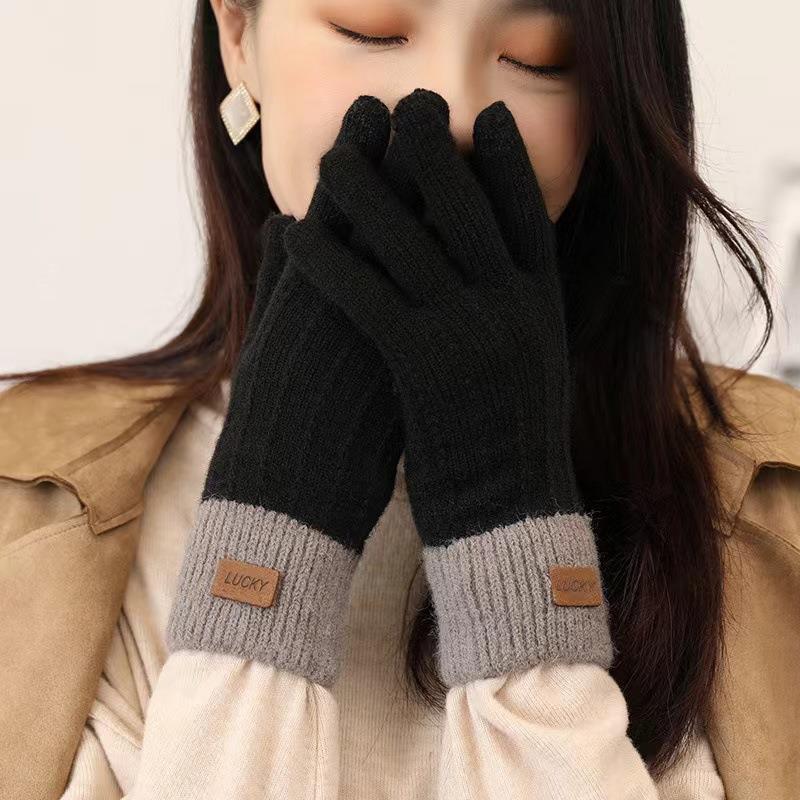秋冬保暖手套女士加厚加绒简约时尚防寒户外骑行车针织保暖手套|undefined