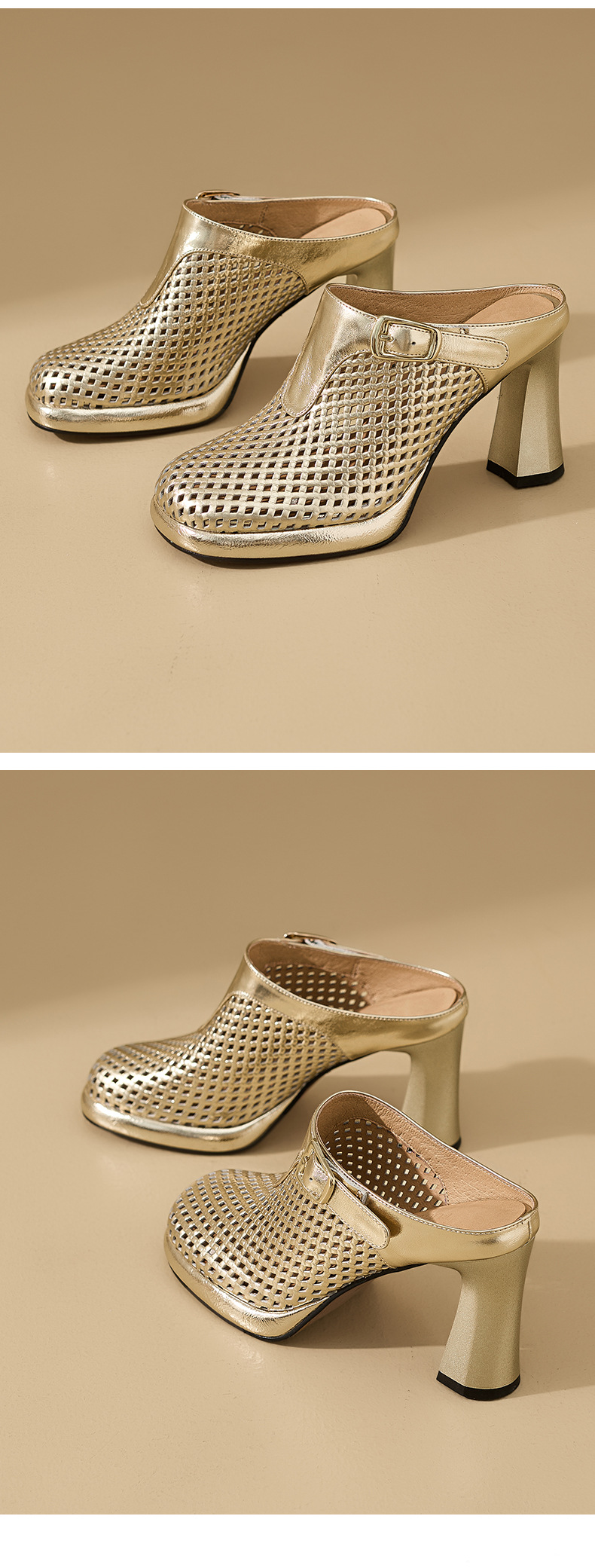 Sandal cao gót nữ mũi tròn đục lỗ, đế dày 8,5 cm, phong cách Âu Mỹ — màu vàng chi tiết 11