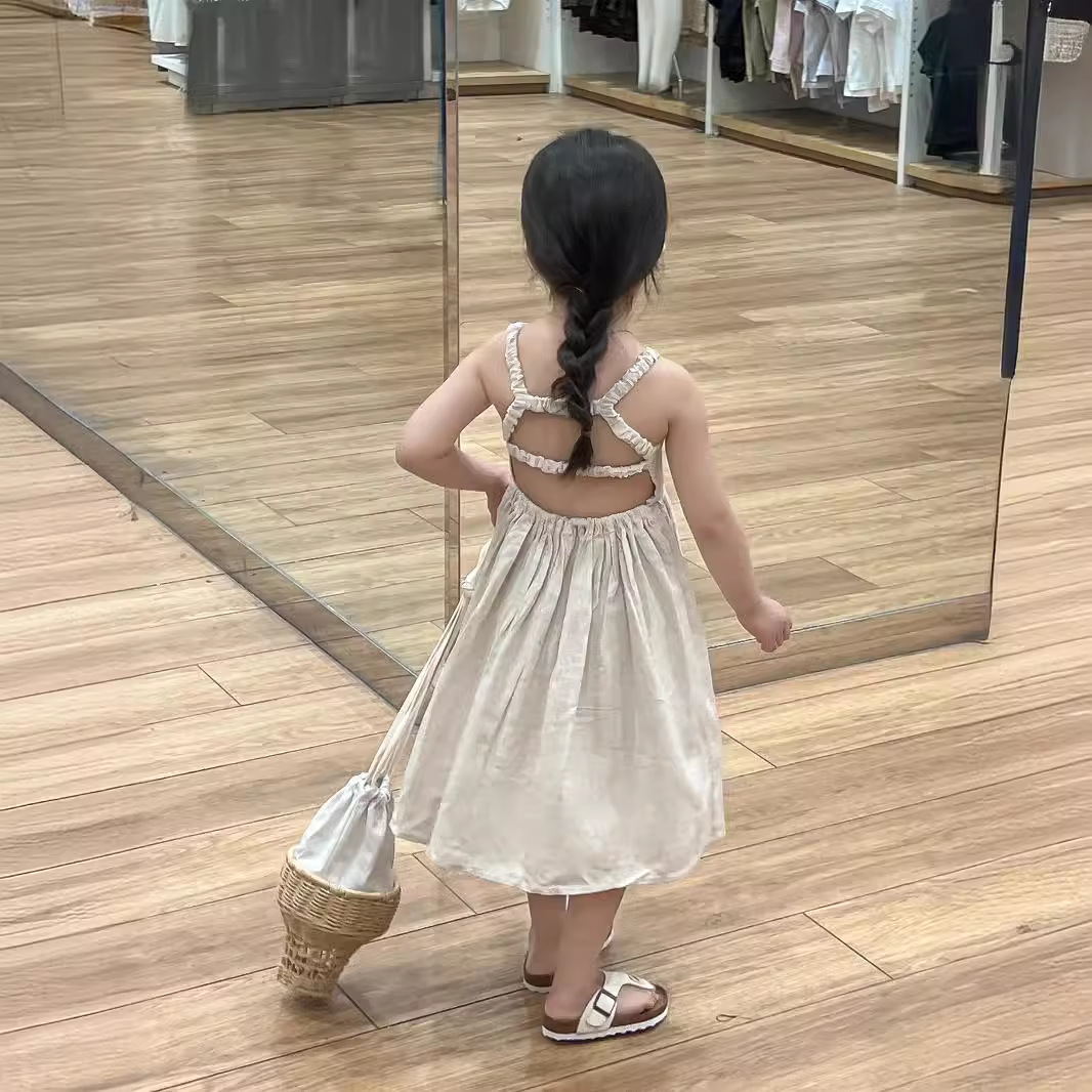 Children's Cool Backless Linen Backless Skirt Baby's dress Stylish Fashionable Small and Medium-sized Girl's Summer Skirt