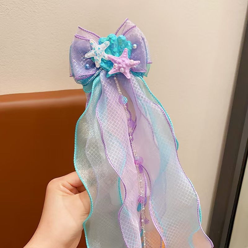 子供の弓額チェーン額飾りマーメイドパールタッセルヘアピン女の子マーメイド耳掛け女の子の頭飾り|undefined