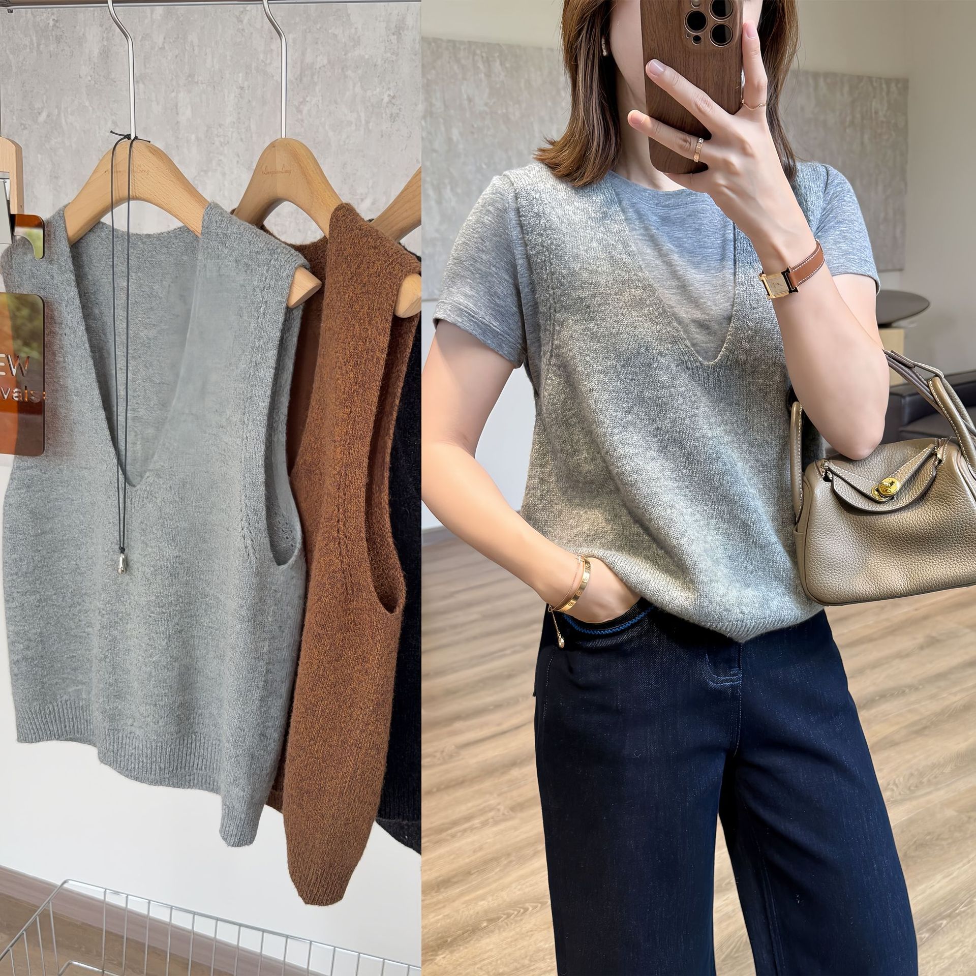 25早秋尝鲜特价~圆V领100绵羊毛针织背心马甲女宽松显瘦 叠穿神器
