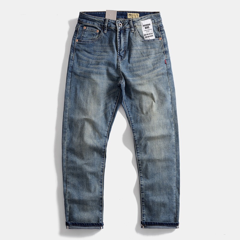 Vintage jeans nostálgicos japoneses elásticos ociosos lavados con agua encajan recto azul americano pantalones de hombre