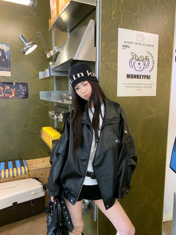美式复古黑色PU皮长袖外套女装秋季炸街酷炫别致chic宽松夹克上衣|undefined