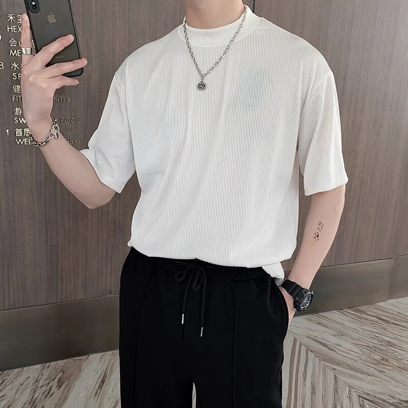 플리츠 스몰 하프 터틀넥 반팔 스트라이프 티셔츠 남성용 하의 셔츠 여름 트렌디 브랜드 인스 얇은 아이스 실크 실키 소재 반소매