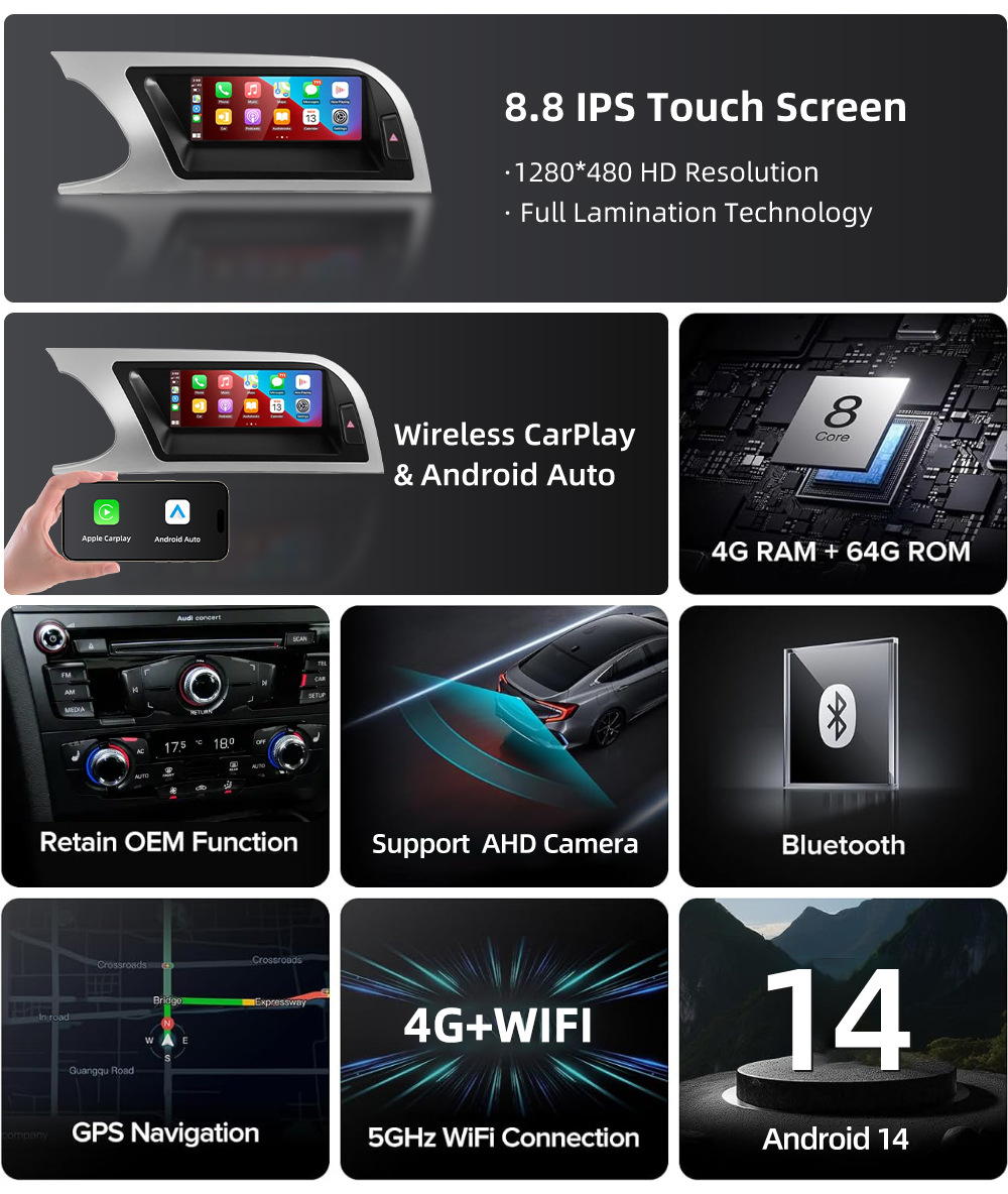 Car navigation central control screen suitable for Audi A4 RS4 B8 B8.5 8K Android reversing camera multimedia playback