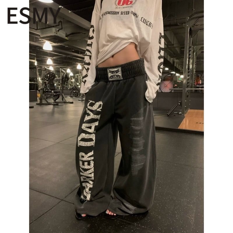 ESMY美式复古裂纹字母印花设计感宽松阔腿休闲裤男女设计弯刀卫裤
