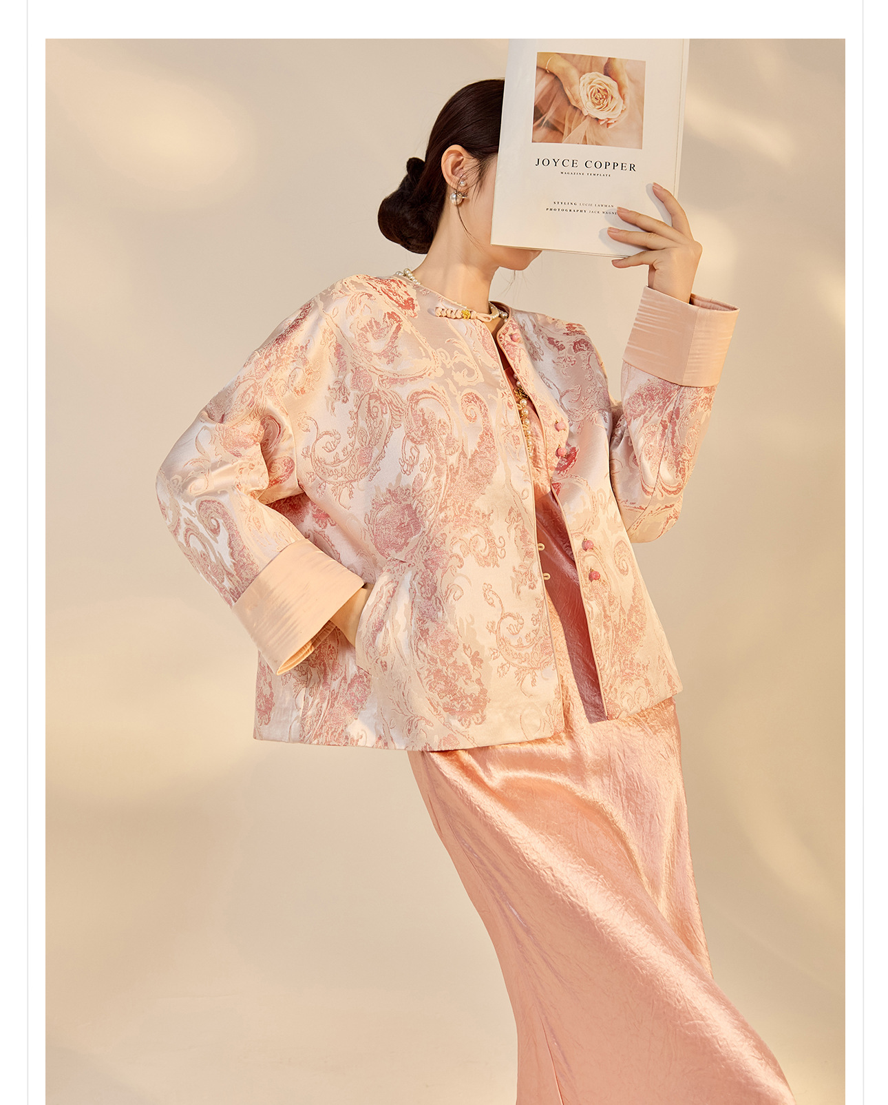 Áo khoác nữ kiểu Trung Hoa mới, chất liệu jacquard họa tiết nổi, phối khuy cài, form suông thu đông N9025 — Miju [phiên bản cotton], Hồng nhạt [phiên bản cotton], hồng nhạt, cơm cam chi tiết 27