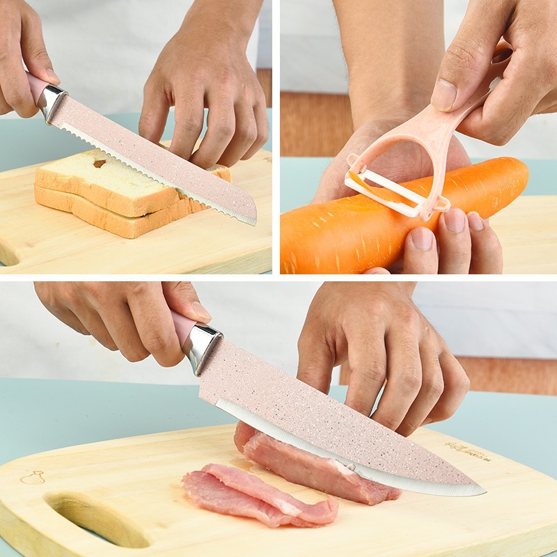 Comercio exterior Venta caliente en stock cielo estrellado estilo Spray punto Vieira manejar seis piezas conjunto combinación cuchillos de cocina de acero inoxidable herramientas de cocina