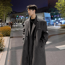 毛呢大衣男灰色秋冬季中长款加厚宽松过膝风衣男韩版呢子西装外套