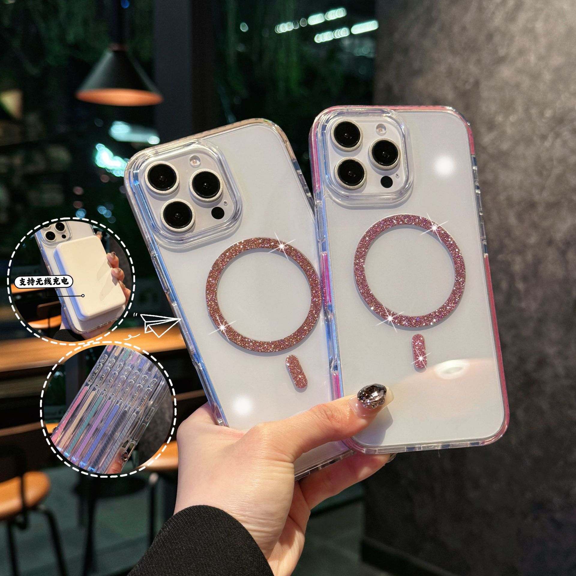 Funda magnética con brillo de cristal de alta transparencia, adecuada para iPhone 17 PRO MAX, iPhone 14, iPhone 15, marco anticaída con bloques de color.