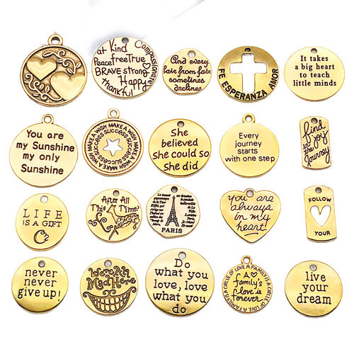Ancient gold zinc alloy inspirational English letters round rectangle mixed key chain bracelet necklace tag accessories