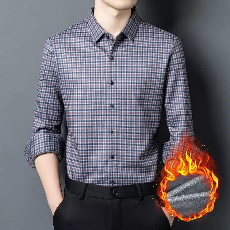 加绒加厚秋冬季长袖衬衫跨境批发男装无痕免烫格子衬衫外套男