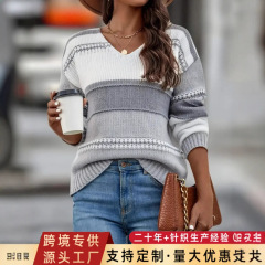 欧美跨境休闲女装长袖套头宽松v领拼色条纹毛衣