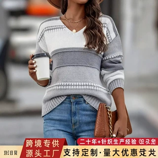 欧美跨境休闲女装长袖套头宽松v领拼色条纹毛衣休闲百搭慵懒风