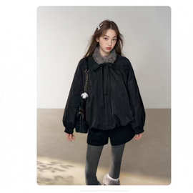 温柔甜美带毛领黑色花苞棉服女2025年冬季加厚保暖设计感棉衣外套