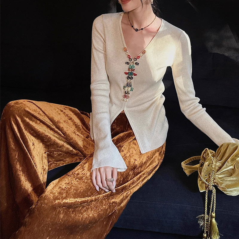 【Jiangsha】Handmade Beaded Knit Pullover Sweater, Paired with a New Chinese-Style Top for Women