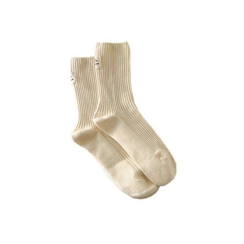 Cotton double needle women's socks Japanese heel cream cloth stack socks vertical strips macaron mid-tube socks