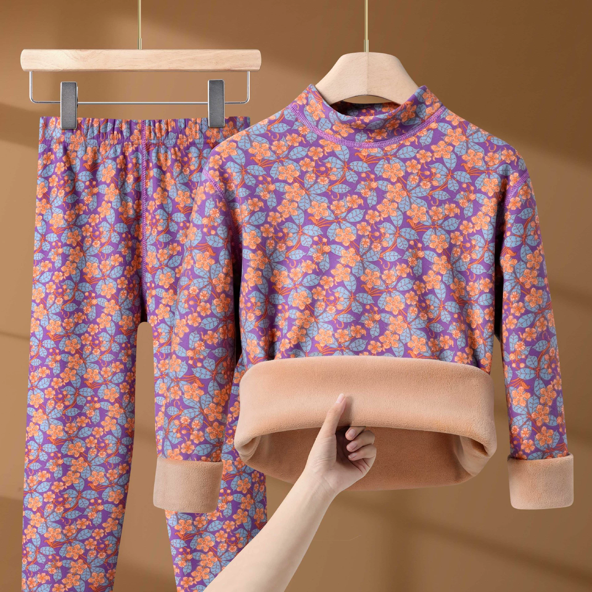 Зимний женский комплект термобелья с воротником-стойкой и цветочным принтом, на флисовой подкладке, утолщенный, для женщин среднего и старшего возраста, теплые топы и брюки с защитой от холода.