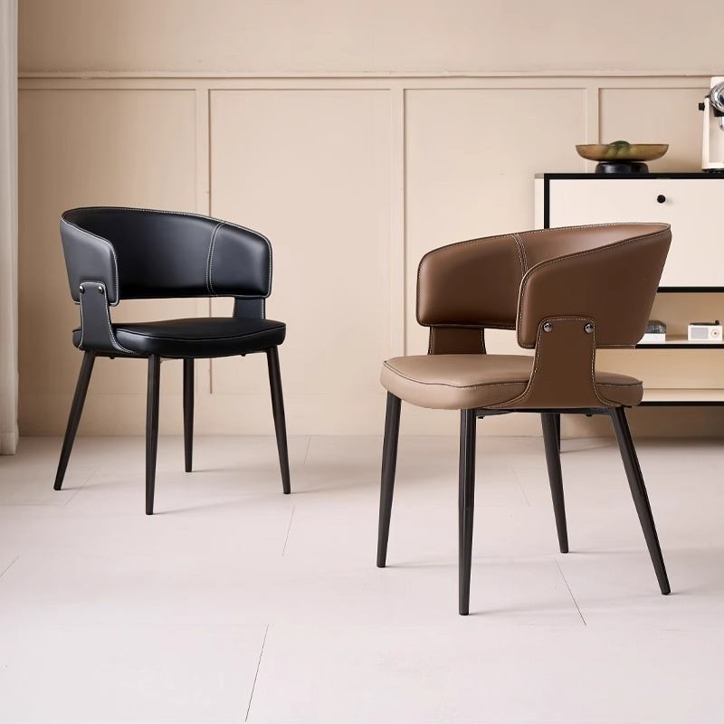 Silla de comedor para el hogar de cuero minimalista de estilo italiano, moderna, de lujo ligero, con apoyabrazos, diseño de respaldo, silla de comedor de alta gama