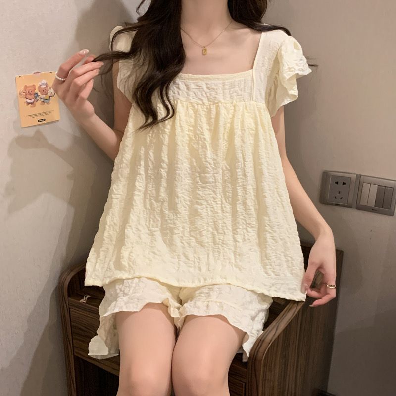 Venta al por mayor transfronteriza verano nuevo estilo pijama de color sólido mujer simple con almohadilla en el pecho jacquard nube algodón manga voladora pantalones cortos traje