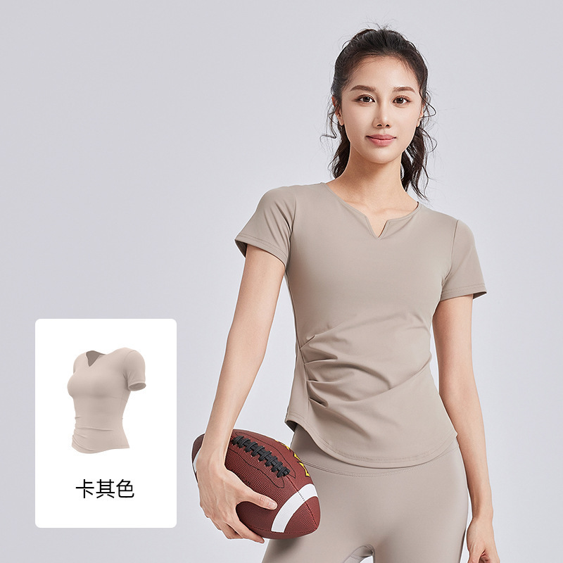 聚衣堂の新型vネックヨガ服半袖防振固定カップが痩せているフィットネス上着tシャツ|undefined