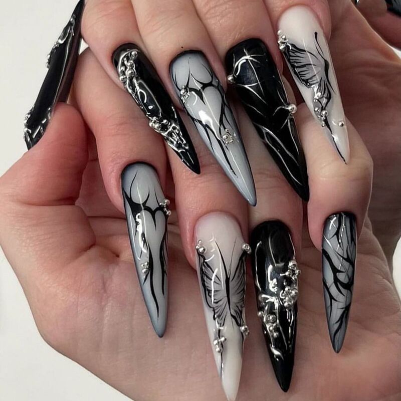European and American Wearable Nails Butterfly Heart Long Pointed Manicure Dark Punk Style Press on Nails Nails