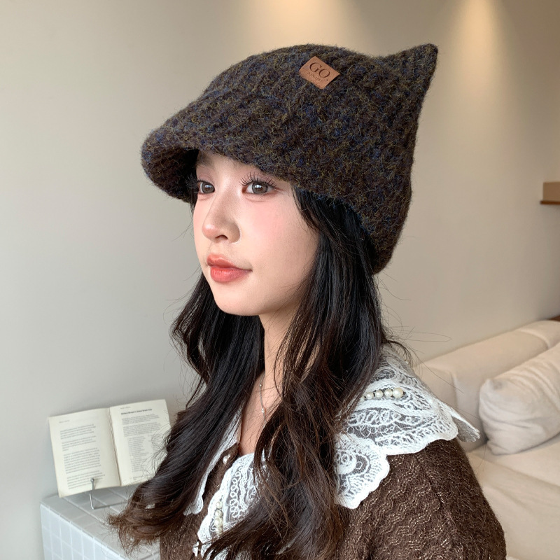 韩系甜美可爱拼色猫耳朵毛线帽秋冬时尚百搭保暖帽防风护耳包头帽|undefined