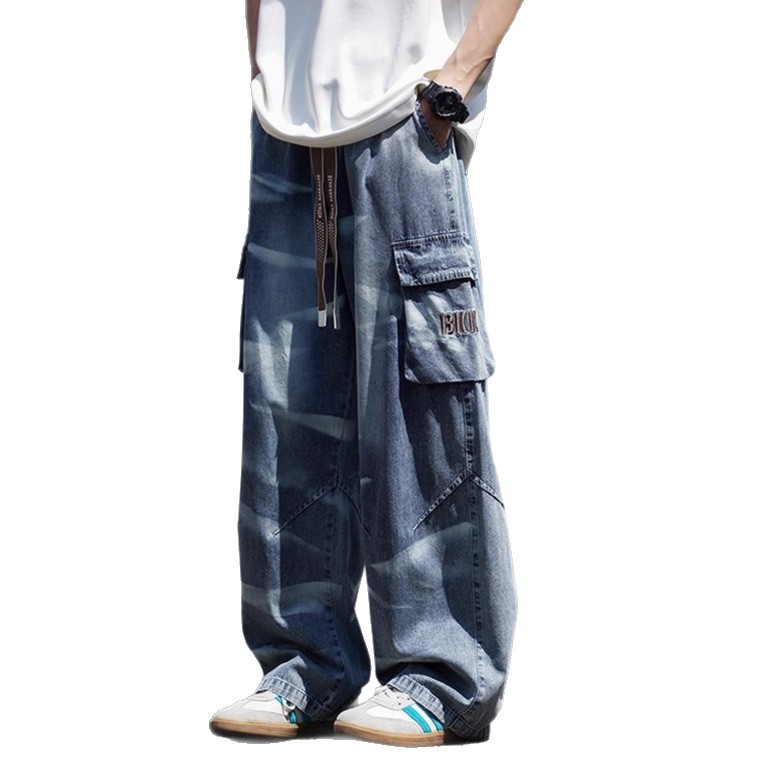 Men's Vintage Light Blue Jeans Retro High Street Hip Hop Design With Pockets Relaxed Straight Leg_mkmklike.com