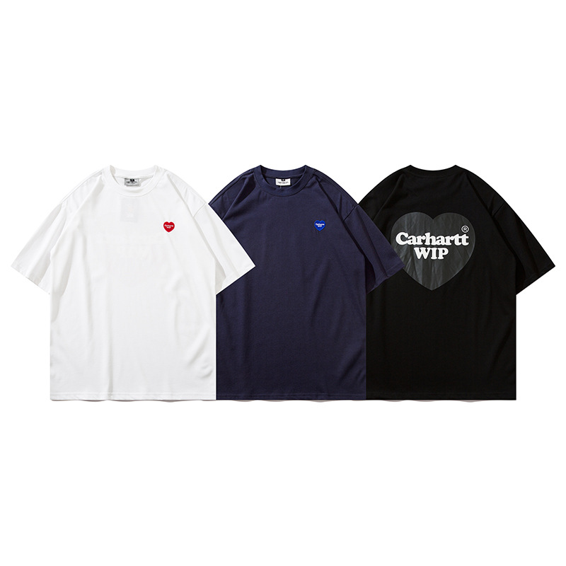 カーハレターズ刺繍入りウォッシュ加工ラウンドネックルーズフィット男女兼用カップル向けcarhar半袖Tシャツ2026新作
