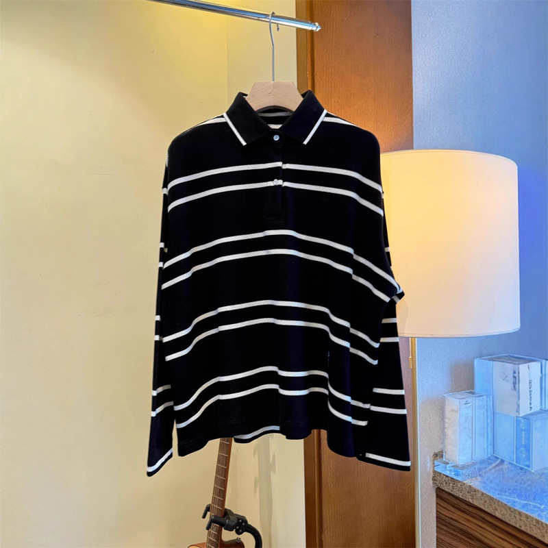 Japanese Niche Classic Black and White Striped Loose Versatile Polo Collar Pure Cotton Long Sleeve Pullover T-Shirt Top for Women