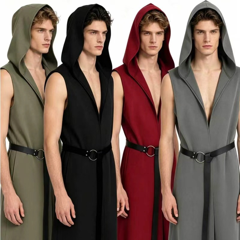 Cross-border medieval retro sleeveless hooded robe Assassin's Creed style belted cardigan Halloween cosplay costume