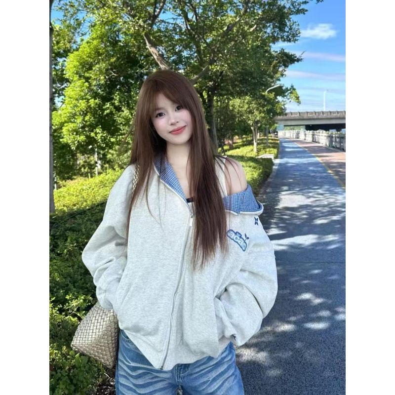 美式复古格子拼接字母刺绣开衫连帽卫衣男女2025新款潮牌情侣外套|undefined