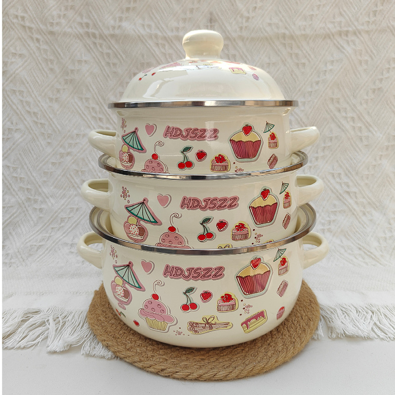 Tres piezas de esmalte olla esmalte pan hogar diario multi-especificación esmalte olla con tapa binaural regalo sopa olla
