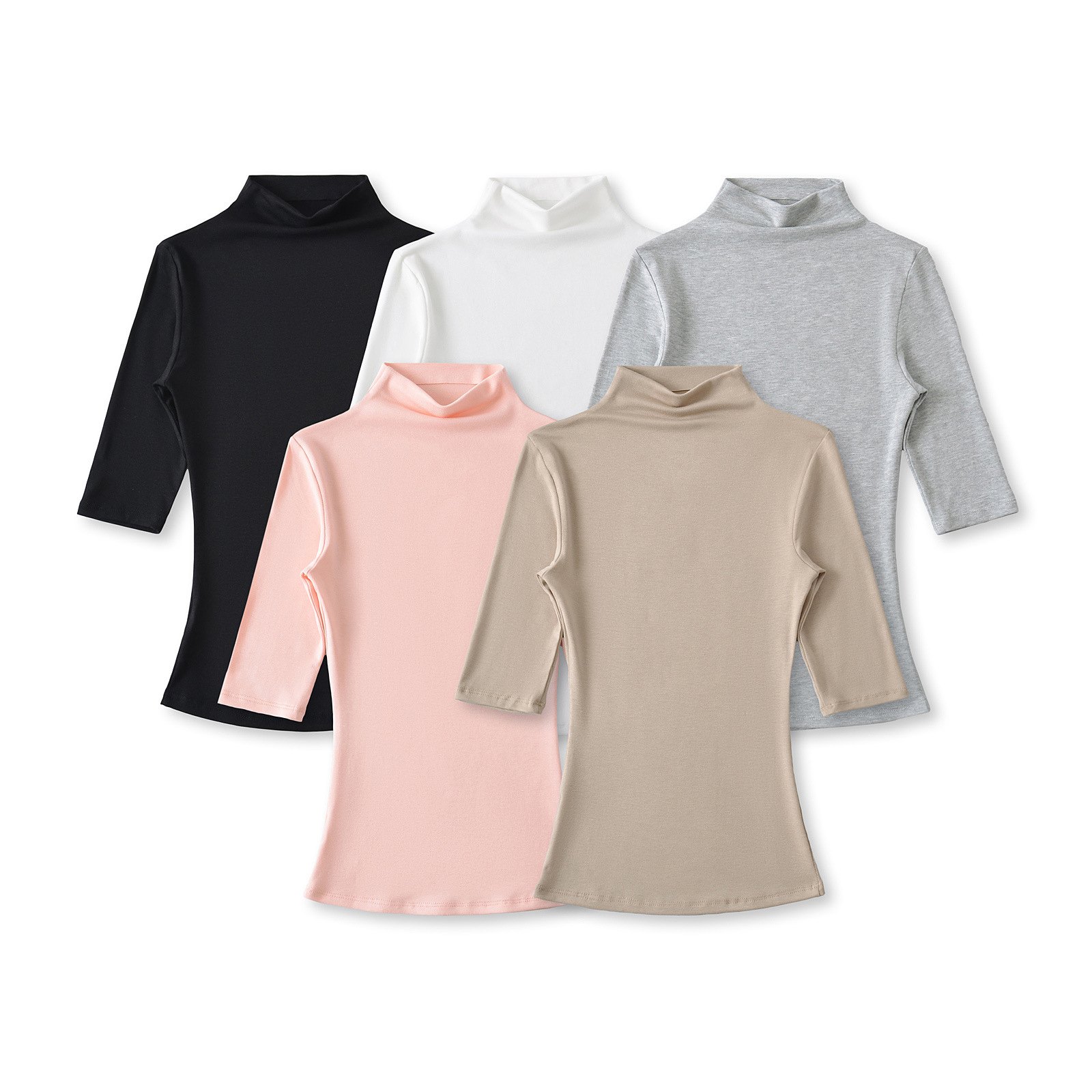 Slightly See-Through High-Neck Mid-Sleeve T-Shirt Top 2025 Summer Sexy Five-Quarter Sleeve Slimming Look Waist Elastic Bottoming