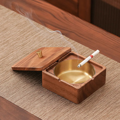 胡桃木実木灰皿飛灰防止煙味創意家庭用木製蓋付き個性ステンレス灰皿
