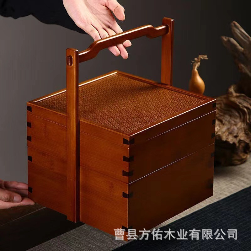 木质手提月饼盒双层蛋黄月饼点心包装盒茶具提篮食盒中秋节礼品盒|undefined