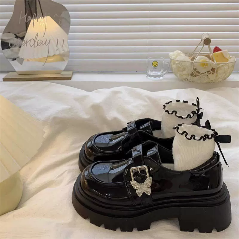 英伦风粗跟增高圆头日系jk乐福单鞋女2025新款春秋厚底黑色小皮鞋