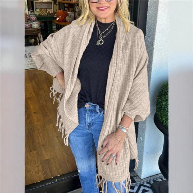 2025跨境独立站欧美外贸新款秋冬季时尚纯色针织流苏上衣披肩外套