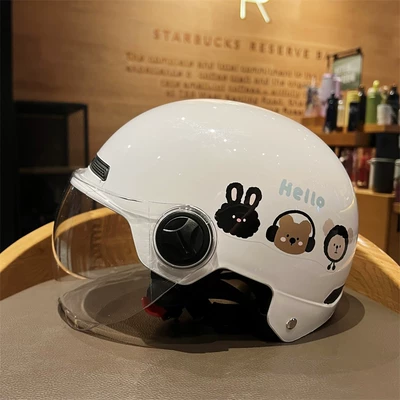 Cute Cartoon-Style Motorcycle Helmet Motosiklet kaskı (dəbilqə) - white-transparent-short-lens-3c-certification