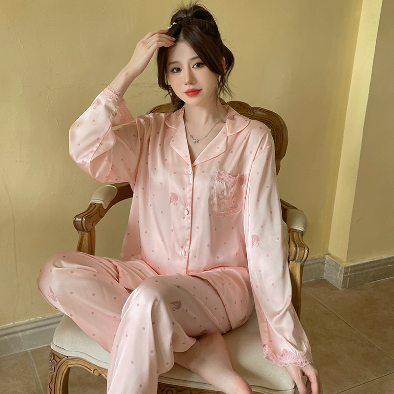 بيجامة حريرية طويلة من الدانتيل، طقم خريفي، طراز عالي الجودة، مشهور على الإنترنت