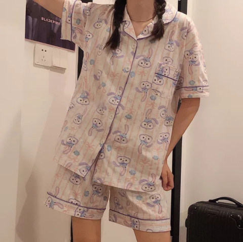Pijamas de verano de las mujeres de manga corta linda chica Corazón de dibujos animados solapa desgaste del hogar WeChat transmisión en vivo en línea traje de entrega de una pieza