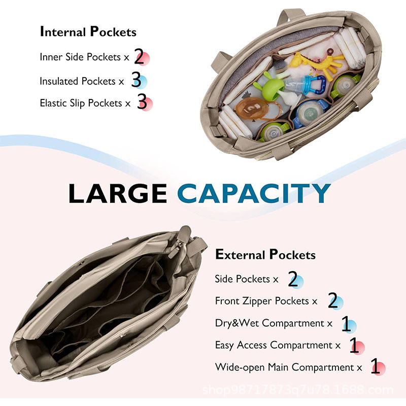 Nueva bolsa de pañales, bolsa de mano con almohadilla de cambio de pañales, compartimiento húmedo y seco, bolsa de bebé de gran capacidad, bolsa de embarazo de viajes de pañales.