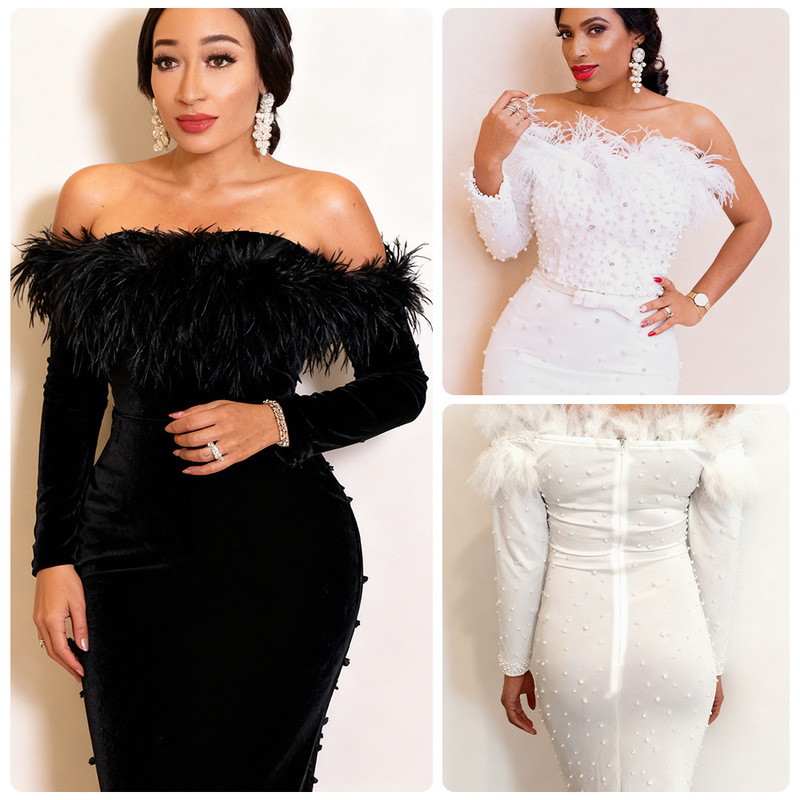 Amazon Aliexpress 2021 New One-Word Women's Skirt Elegant Bubble Feather Beaded One-Piece Skirt Ins