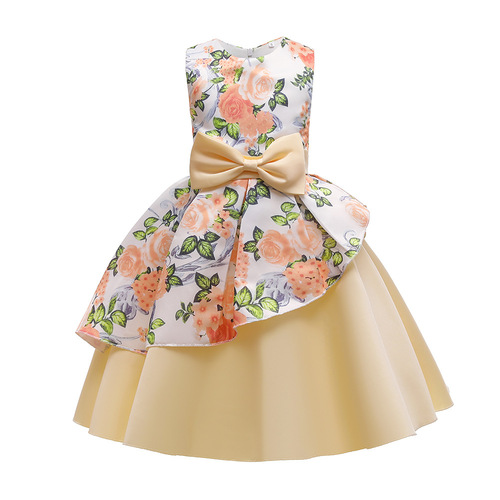 Cross-border supply girls' dress performance costumes for girls printed vests evening gowns pleated children butterfly bows princess dresses